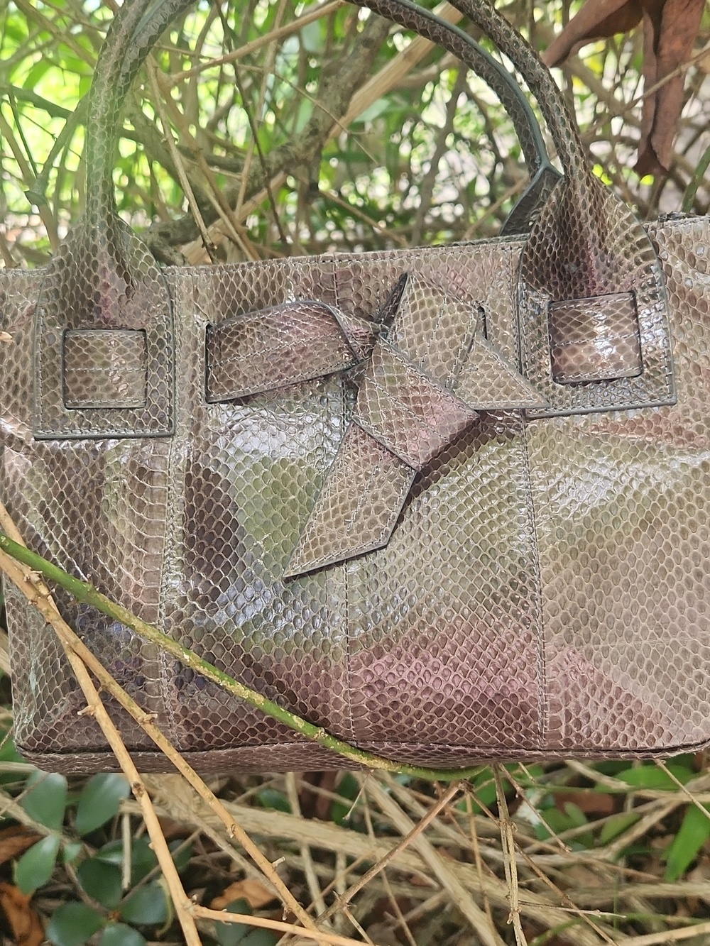 Brown  OLIVE GREENISH Snake Leather 2 HANDLE Tote Bag NEW, MADE IN ITALY
